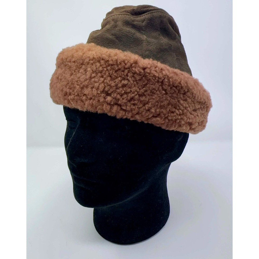 1970s Vintage North King Leather Mouton Lamb Fur Winter Hat Brown USA Sz Medium